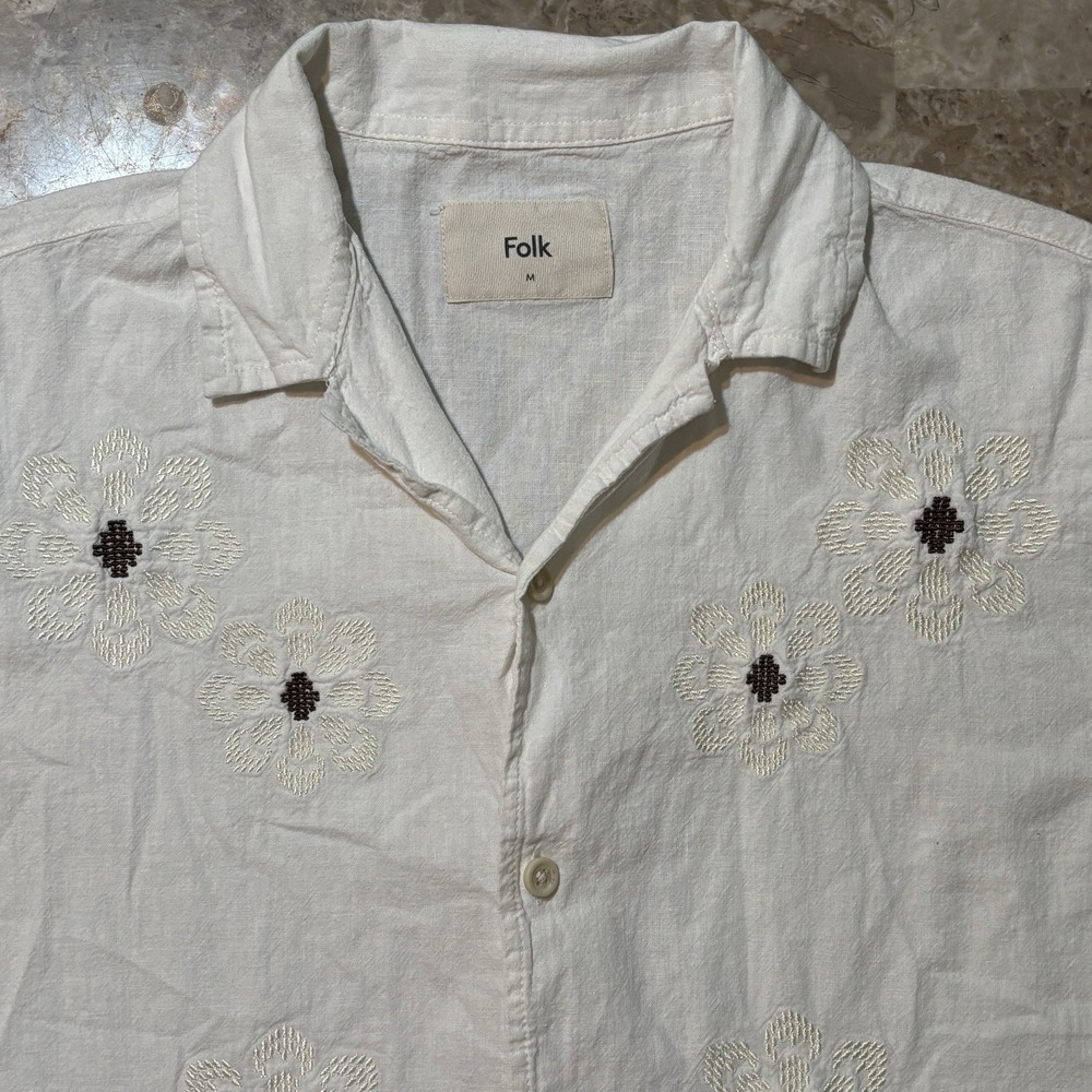 Folk Clothing Shirt Mens Medium White Linen Blend Short Sleeve Button Floral
